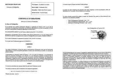 Certificat d'urbanisme délivré à Maître WALD, notaire