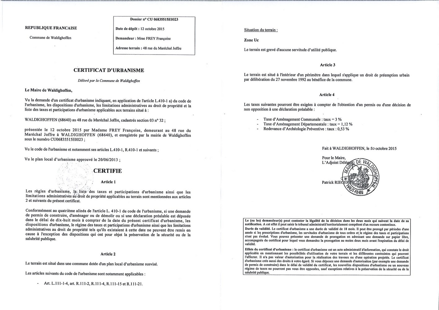 Certificat d'urbanisme délivré à Mme FREY Françoise