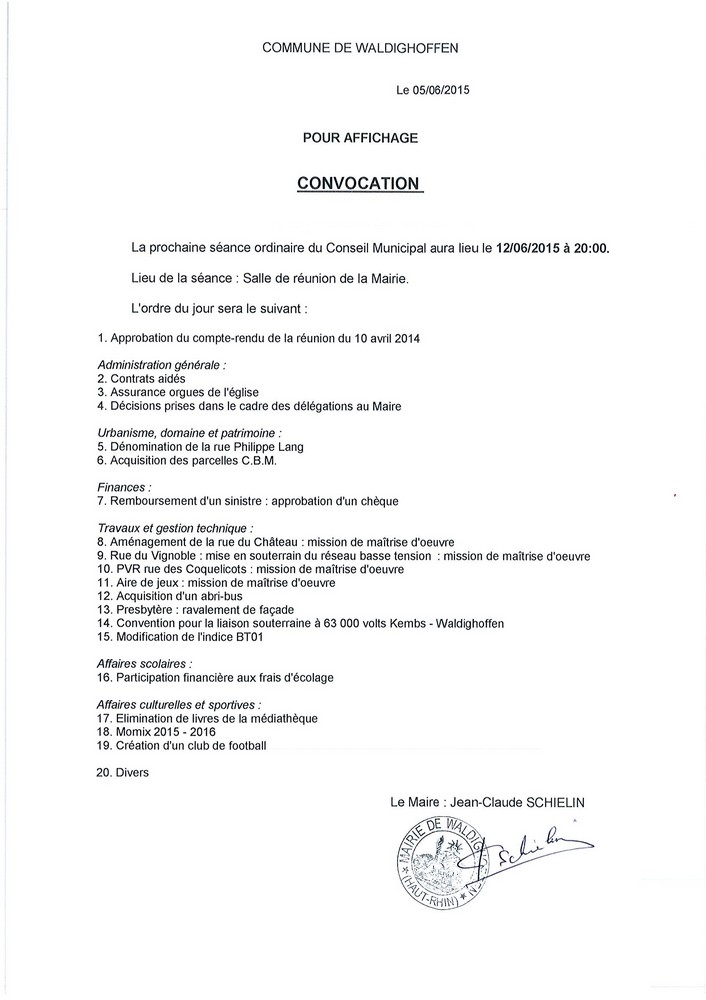 Convocation du Conseil Municipal le vendredi 12 juin 2015