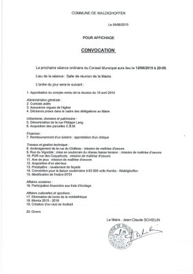 Convocation du Conseil Municipal le vendredi 12 juin 2015