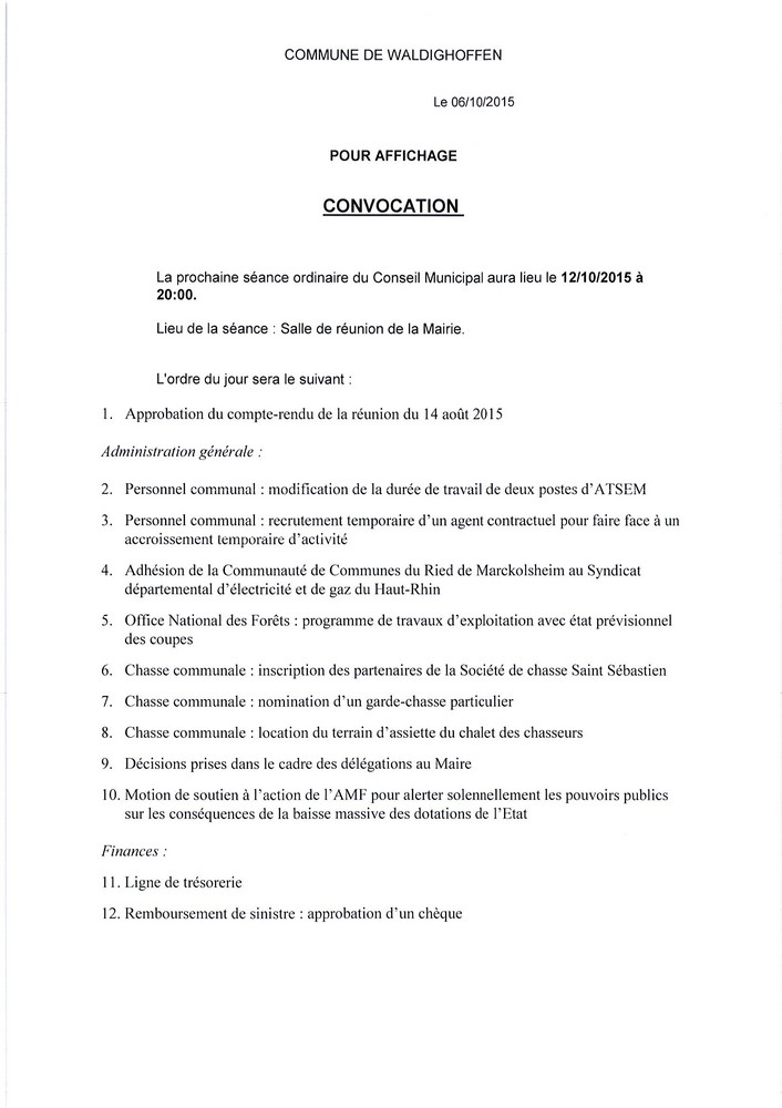 Convocation du Conseil Municipal le lundi 12 octobre 2015