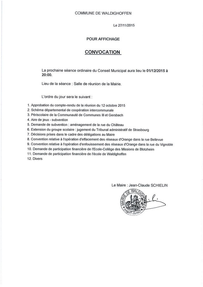 Convocation du Conseil Municipal le mardi 1er décembre 2015