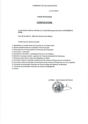 Convocation du Conseil Municipal le mardi 1er décembre 2015