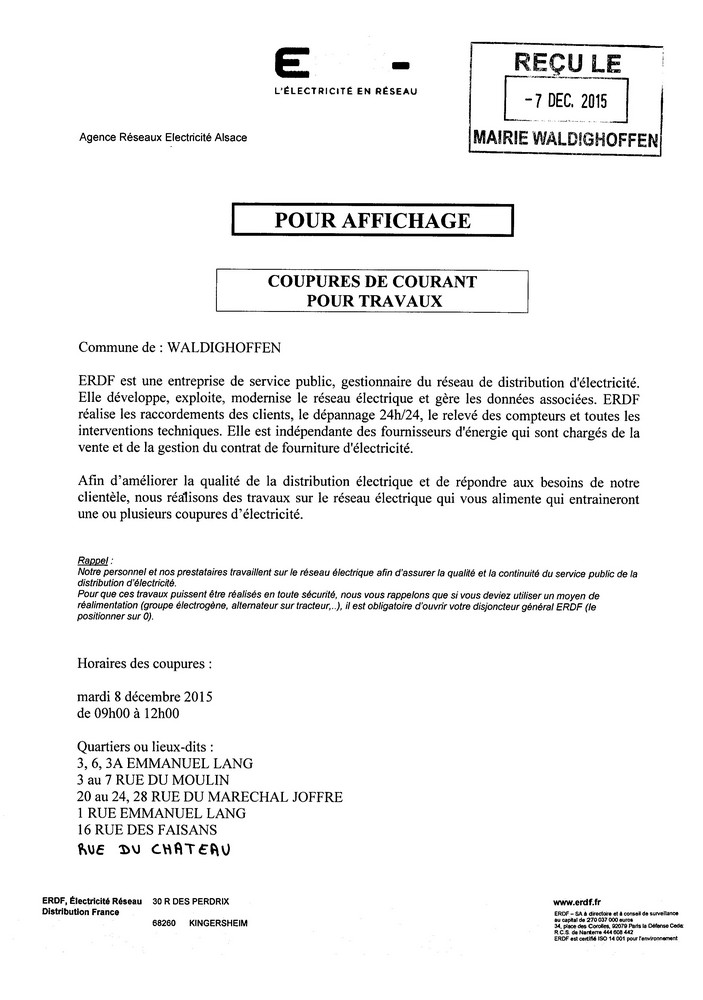 Coupure de courant le mardi 08 décembre 2015