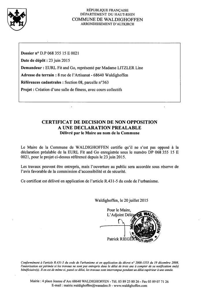 Décision à la déclaration préalable de la EURL Fit and Go