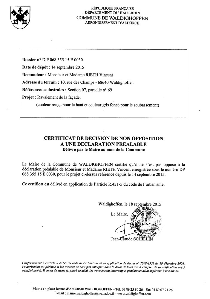 Décision à la déclaration préalable de M. et Mme RIETH