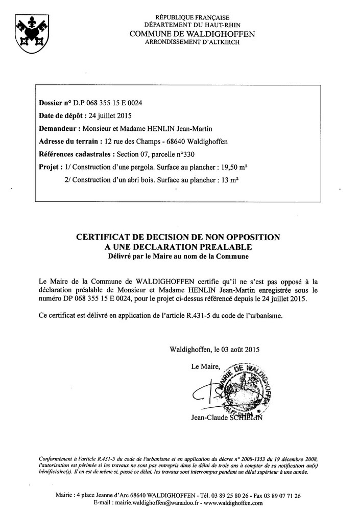 Décision à la déclaration préalable de M. et Mme HENLIN Jean-Martin