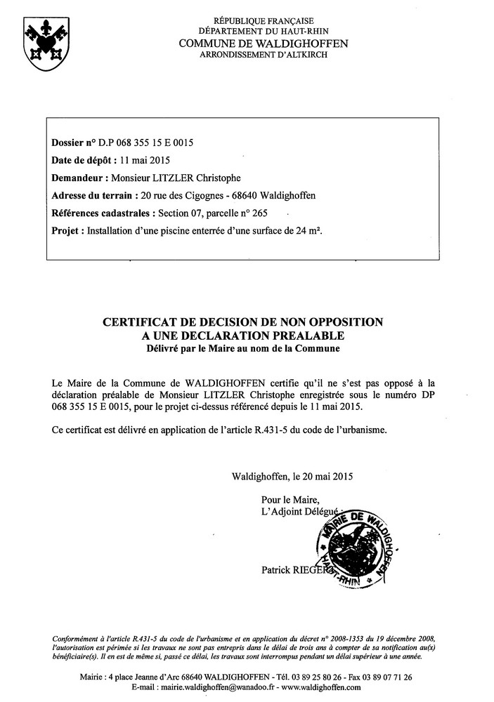 Décision à la déclaration préalable de M. LITZLER Christophe