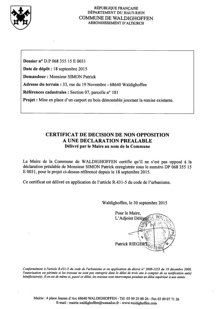 Décision à la déclaration préalable de M. SIMON