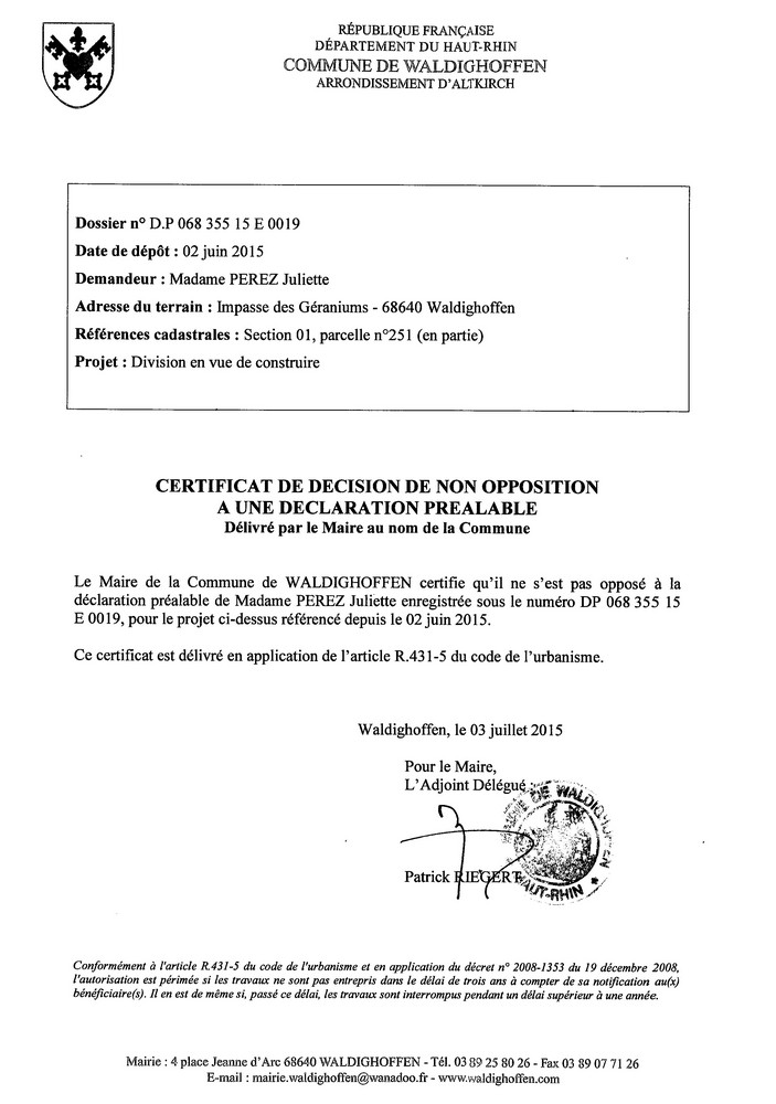 Décision à la déclaration préalable de Madame PEREZ Juliette