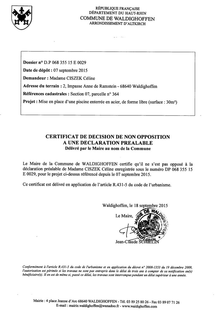 Décision à la déclaration préalable de Mme CISZEK 