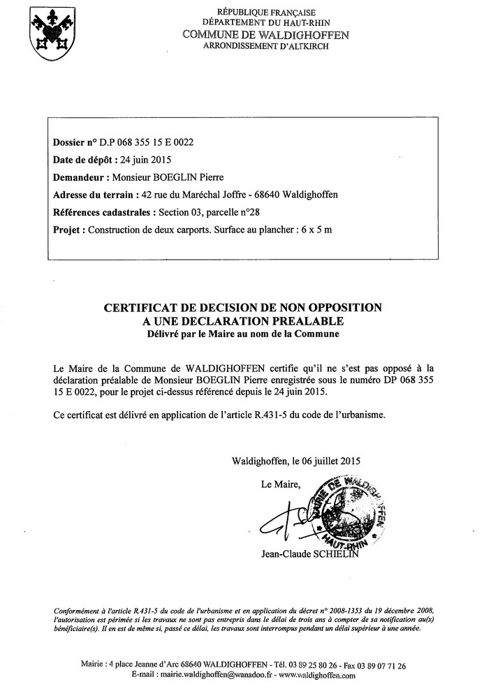 Décision à la déclaration préalable de Monsieur BOEGLIN Pierre