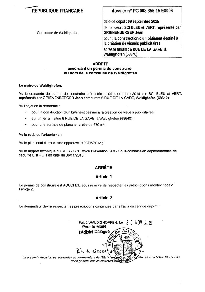 Décision à la demande de construire de la SCI BLEU et VERT