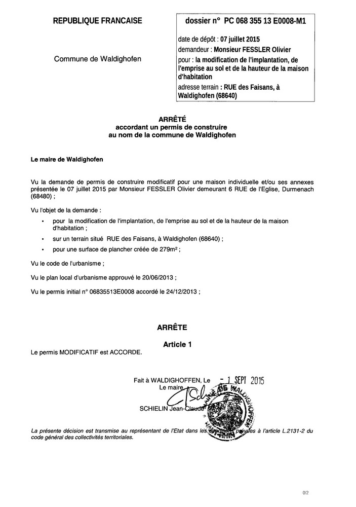 Décision à la demande de construire de M. et Mme FESSLER Olivier