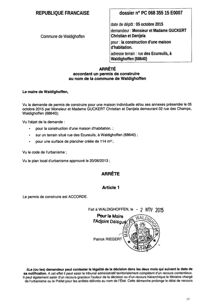 Décision à la demande de construire de M. et Mme GUCKERT Christian