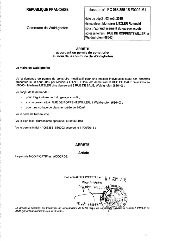 Décision à la demande de construire modificatif de M. et Mme LITZLER