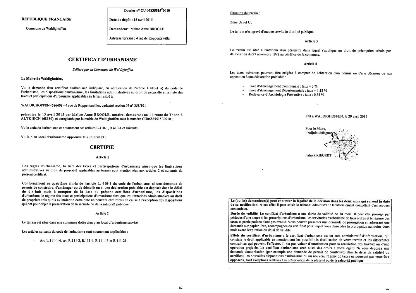 Demande de certificat d'urbanisme pour un terrain situé au 4 rue de Roppentzwiller