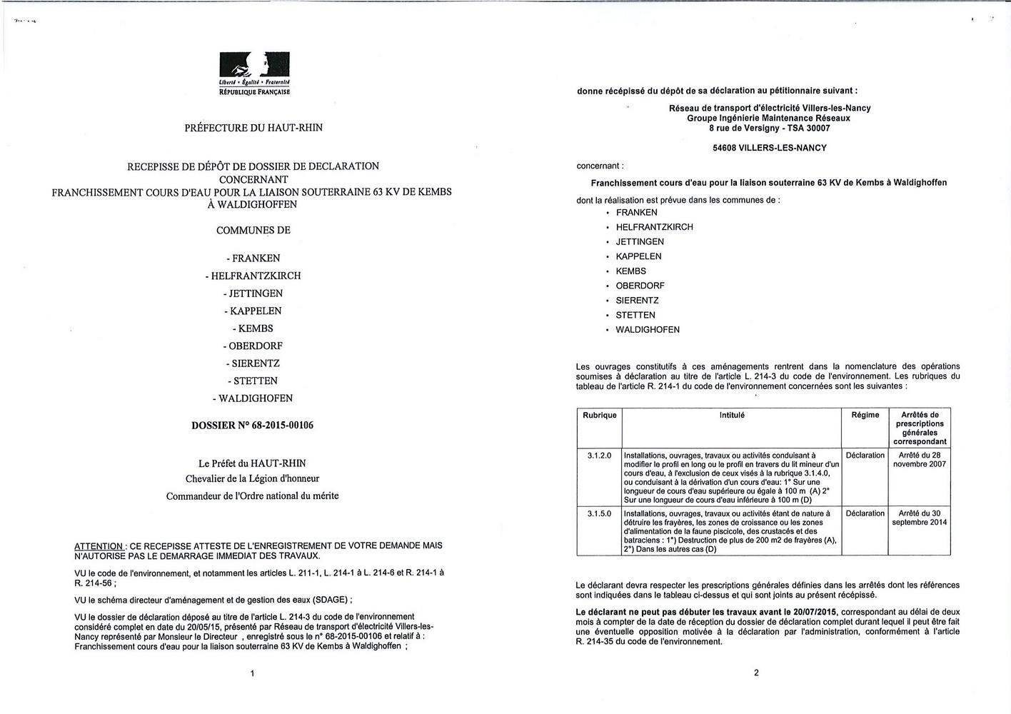 Liaison souterraine 63 KV de Kembs à Waldighoffen