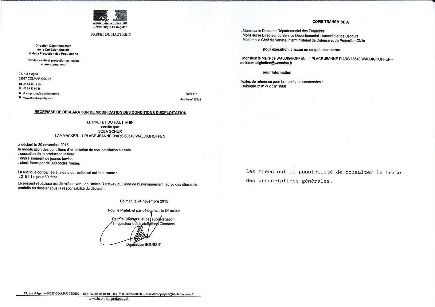 Modification des conditions d'exploitation de la SCEA SCHUR