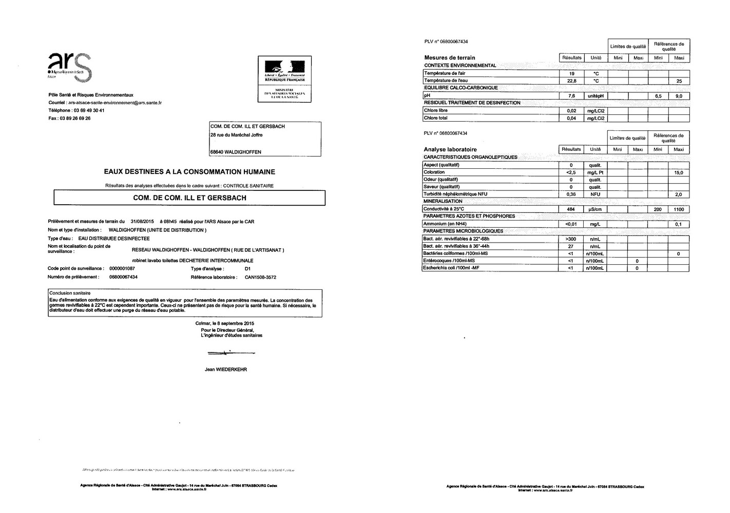 Rapport d'analyse d'eau potable du 08 septembre 2015