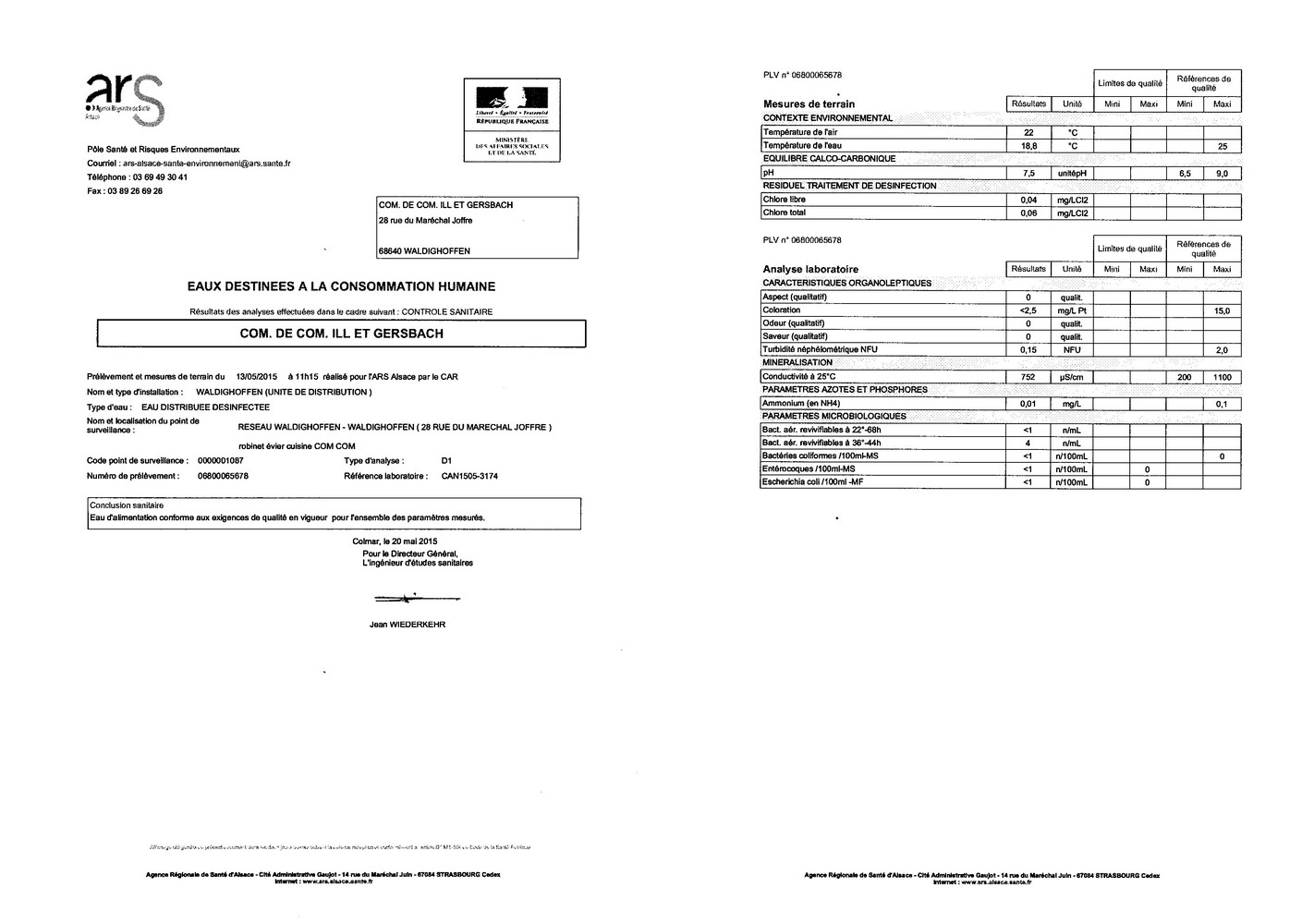 Rapport d'analyse d'eau potable du 20 mai 2015