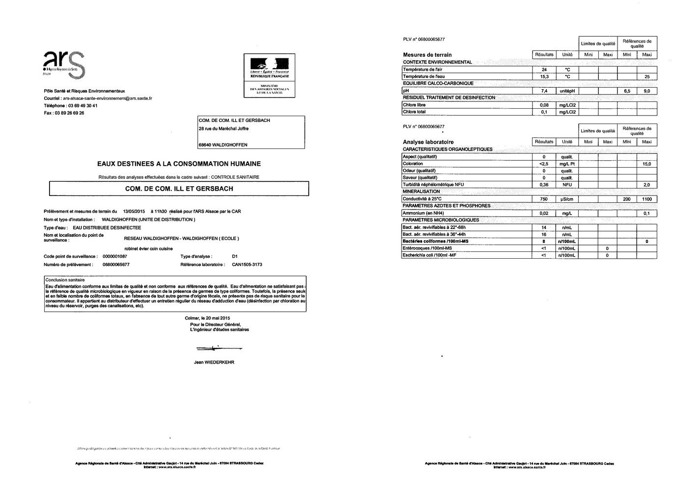 Rapport d'analyse d'eau potable du 20 mai 2015