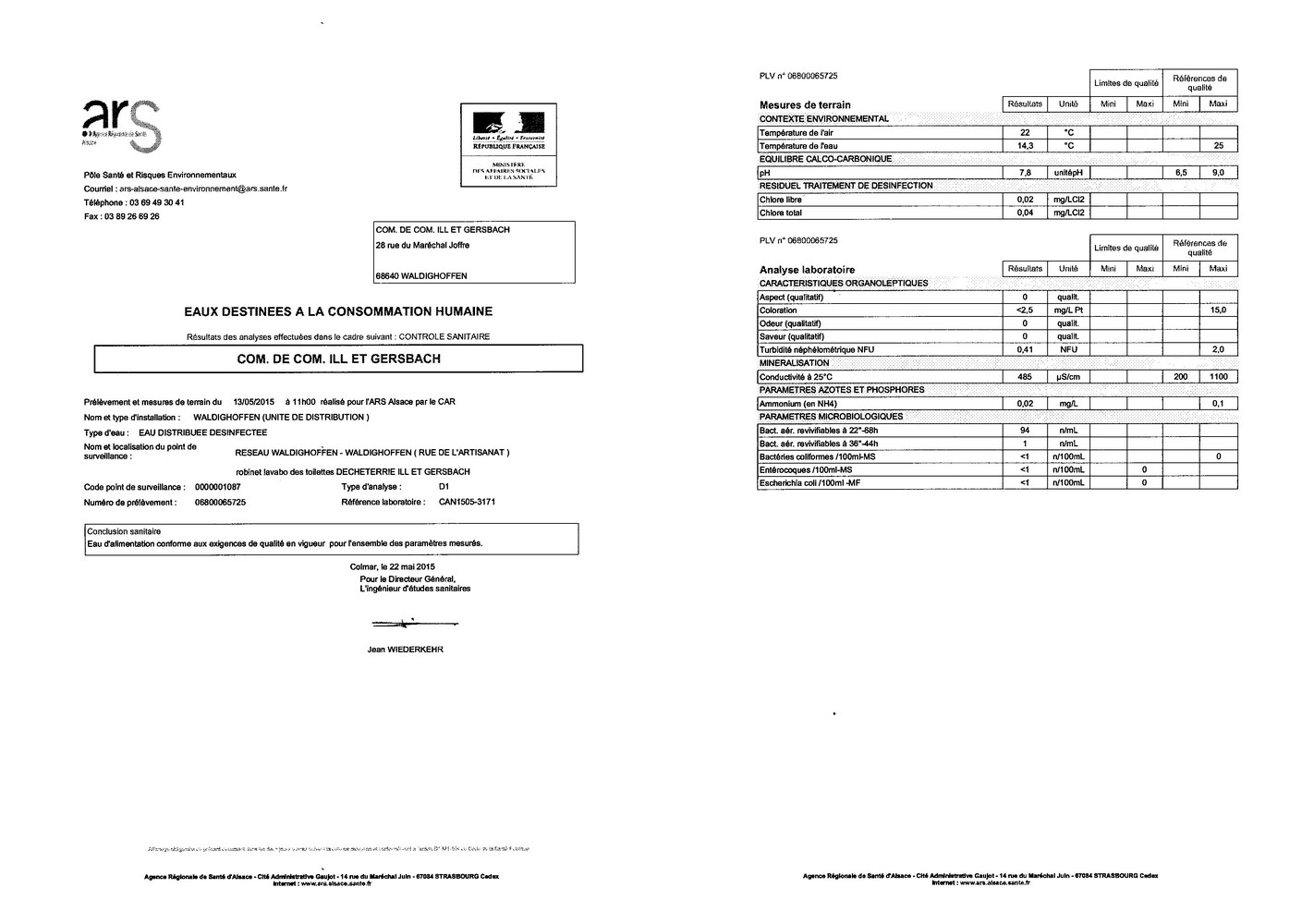 Rapport d'analyse d'eau potable du 22 mai 2015