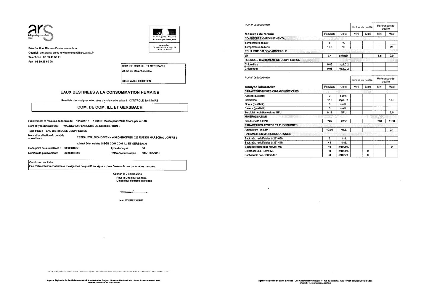 Rapport d'analyse d'eau potable du 24 mars 2015