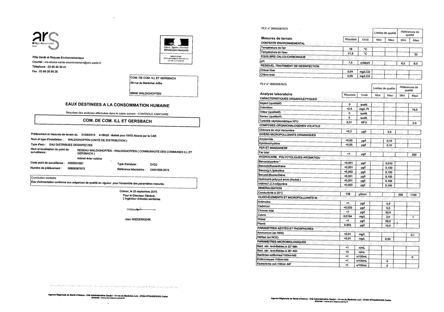 Rapport d'analyse d'eau potable du 25 septembre 2015