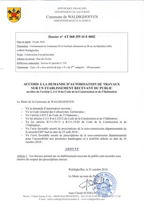 Accord à la demande d'autorisation de travaux AT16E0002 