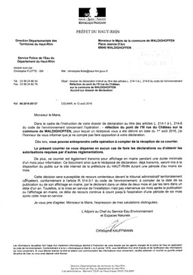 Accord sur dossier de déclaration pour la réfection du pont de l'Ill rue du Château