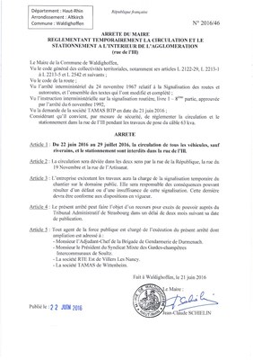 Arrêté règlementant temporairement la circulation et le stationnement à l'interieur de l'agglomération (rue de l'Ill)