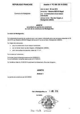Arrêté accordant un permis de construire- PC 16E0002 - MEDUS