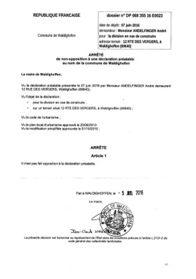 Arrêté de non opposition à une déclaration préalable au nom de la commune de Waldighoffen