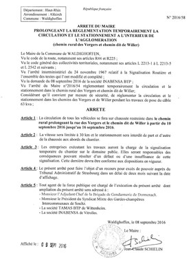 Arrêté de prolongation de la règlementation temporaire de la circulation et du stationnement chemin rural des Vergers et chemin dit de Willer 