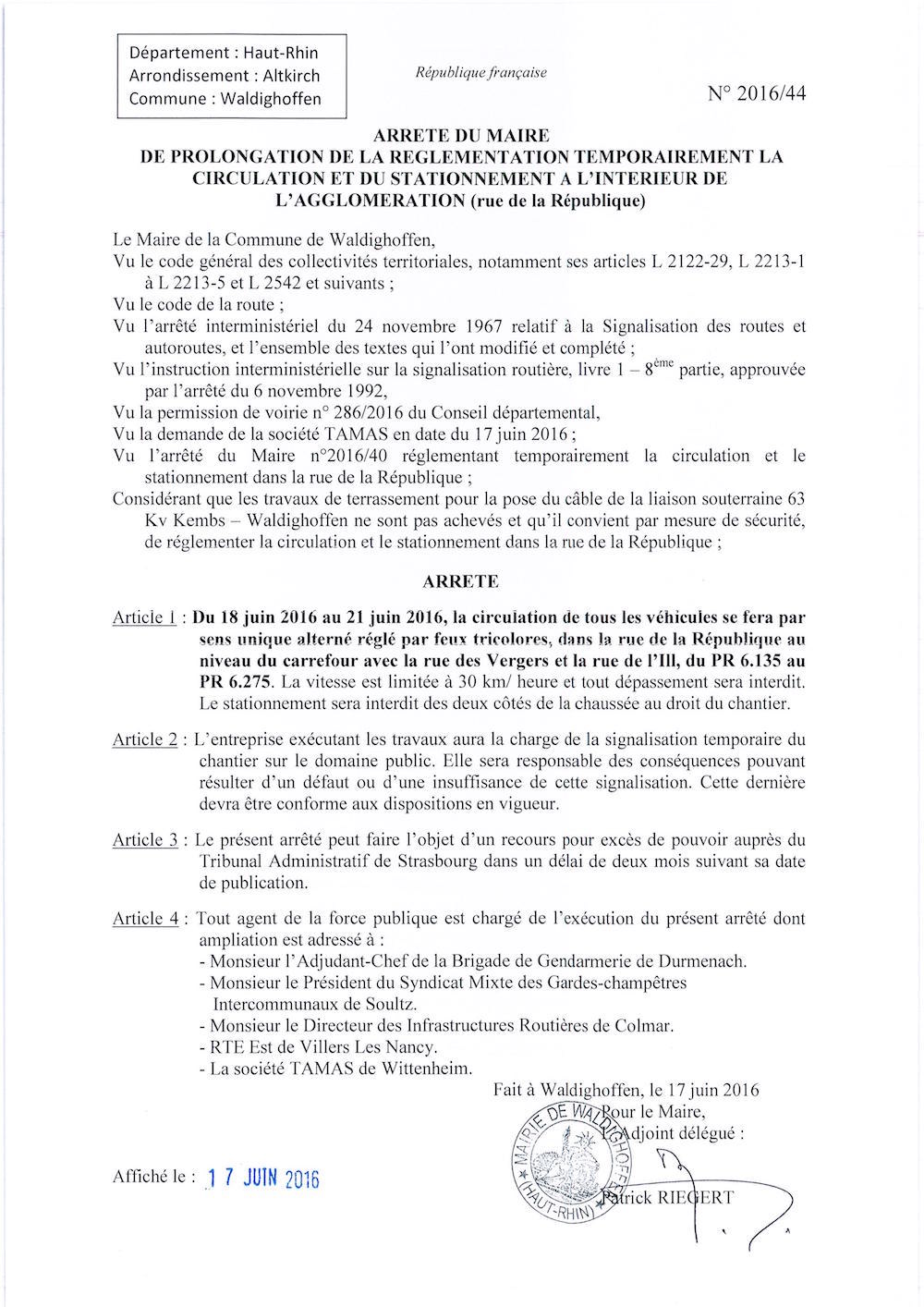 Arrêté de prolongation de réglementation de la circulation à l'intérieur de l'agglomération