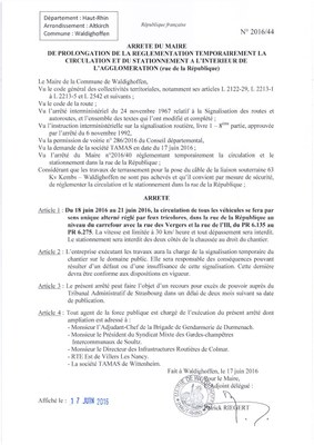 Arrêté de prolongation de réglementation de la circulation à l'intérieur de l'agglomération