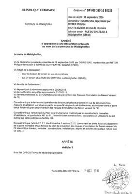 Arrêté d'opposition à une déclaration préalable DP16E0029