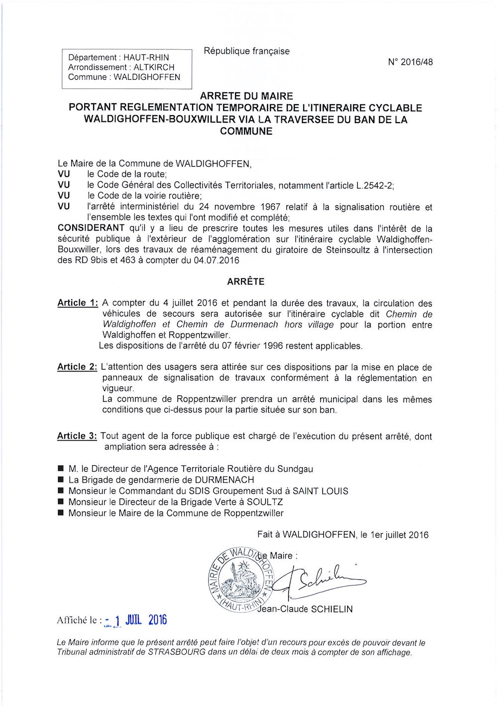 Arrêté du Maire portant reglementation temporaire de l'itineraire cyclable