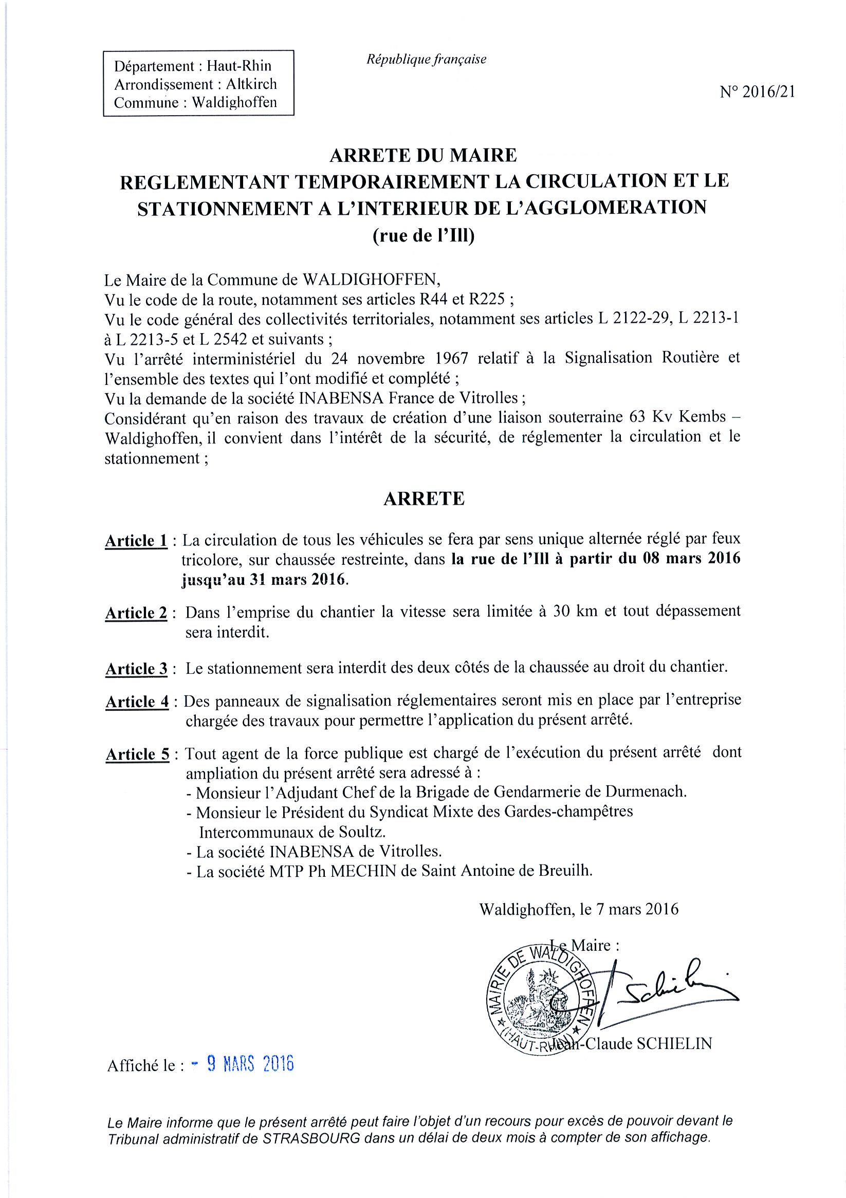 Arrêté du Maire règlementant la circulation dans la rue de l'Ill