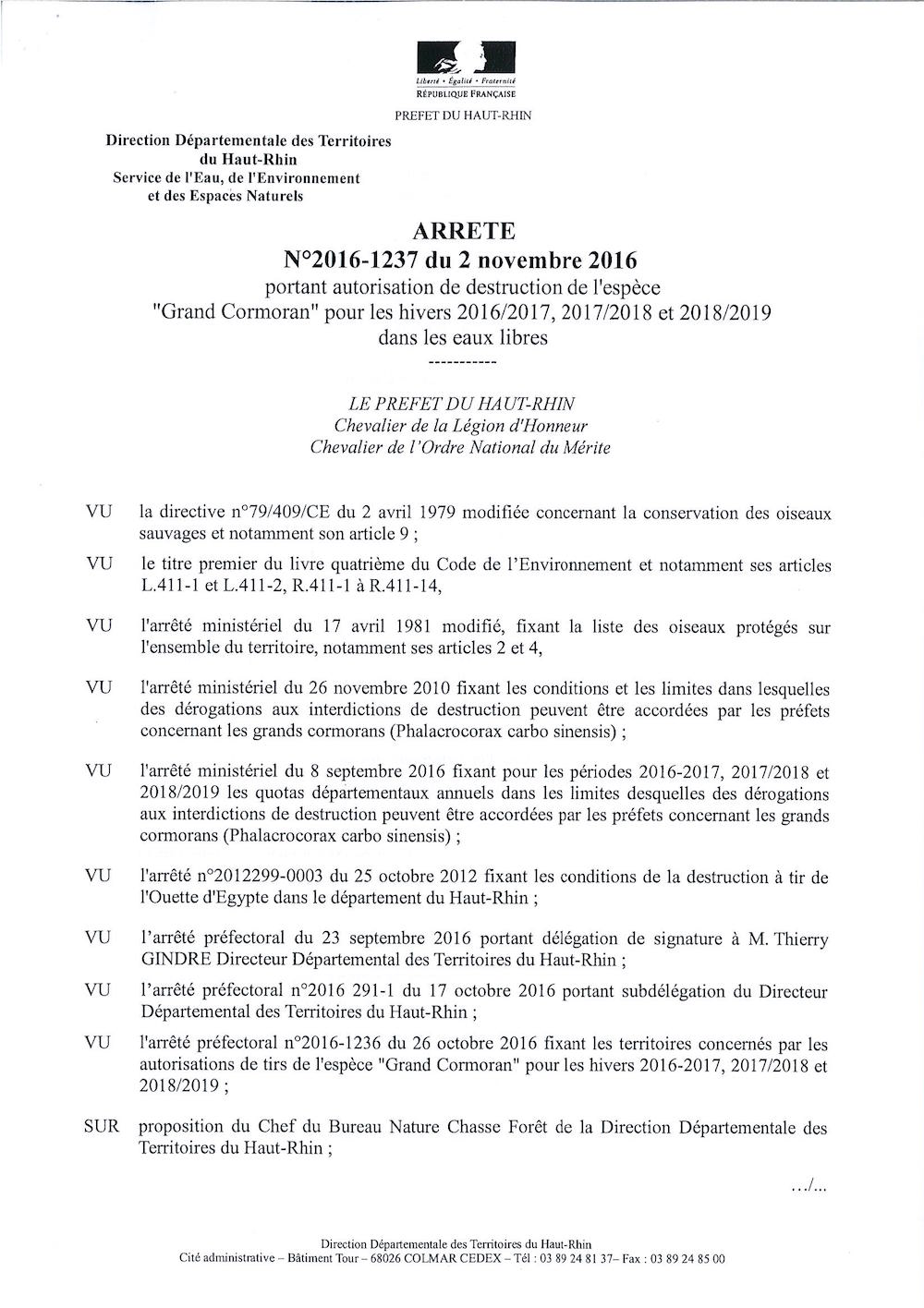 Arrêté portant autorisation de destruction de l'espèce "Grand Cormoran"