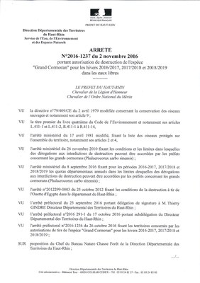 Arrêté portant autorisation de destruction de l'espèce "Grand Cormoran"