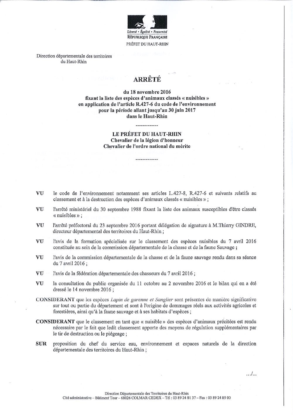 Arrêté préfectoral - liste des animaux nuisibles