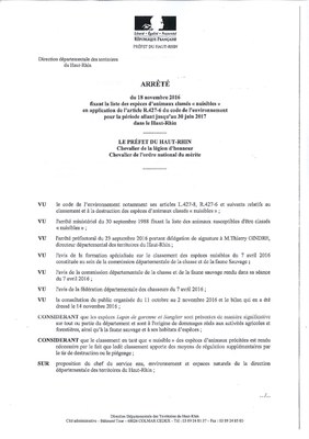 Arrêté préfectoral - liste des animaux nuisibles