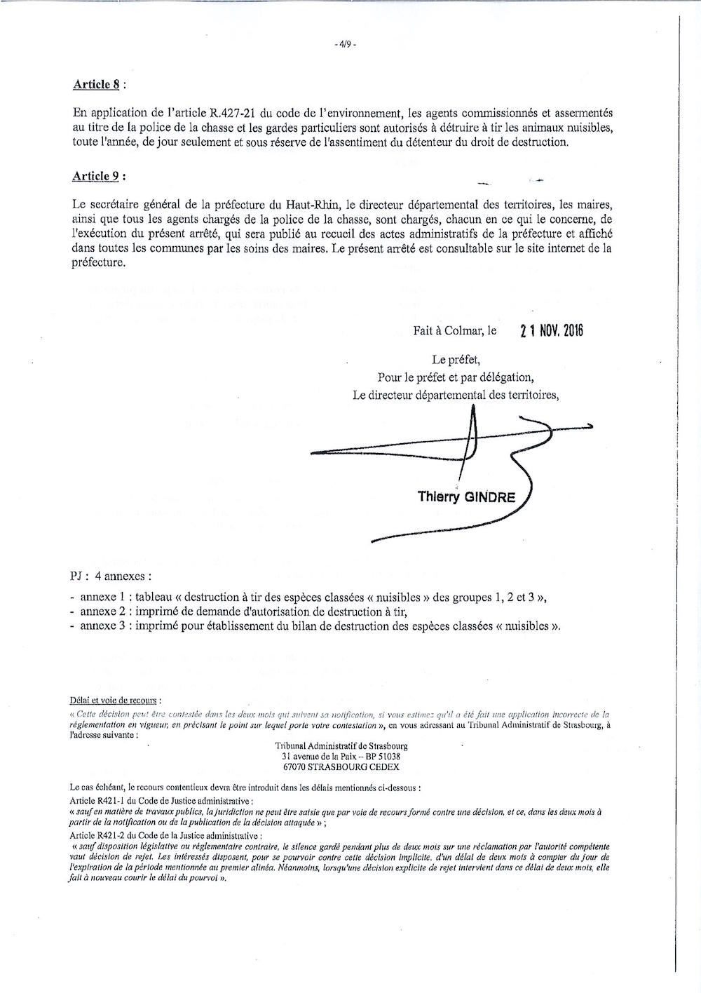 Arrêté préfectoral - modalités de destrucion des animaux classés nuisibles