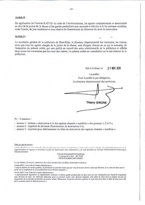 Arrêté préfectoral - modalités de destrucion des animaux classés nuisibles
