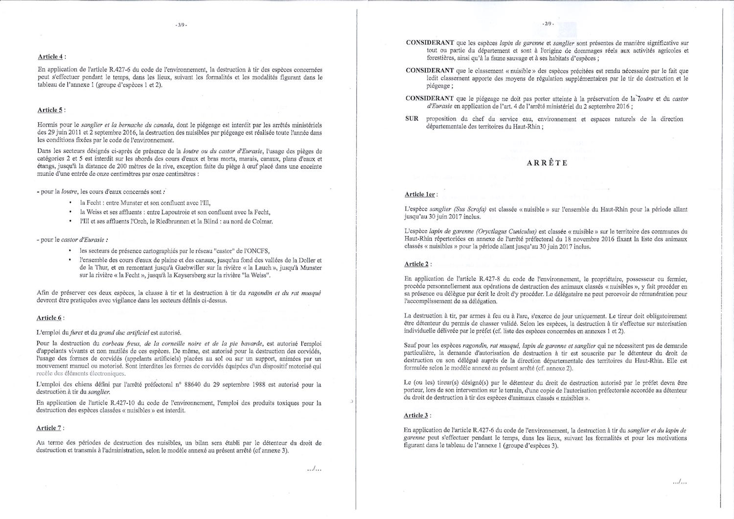 Arrêté préfectoral - modalités de destrucion des animaux classés nuisibles 