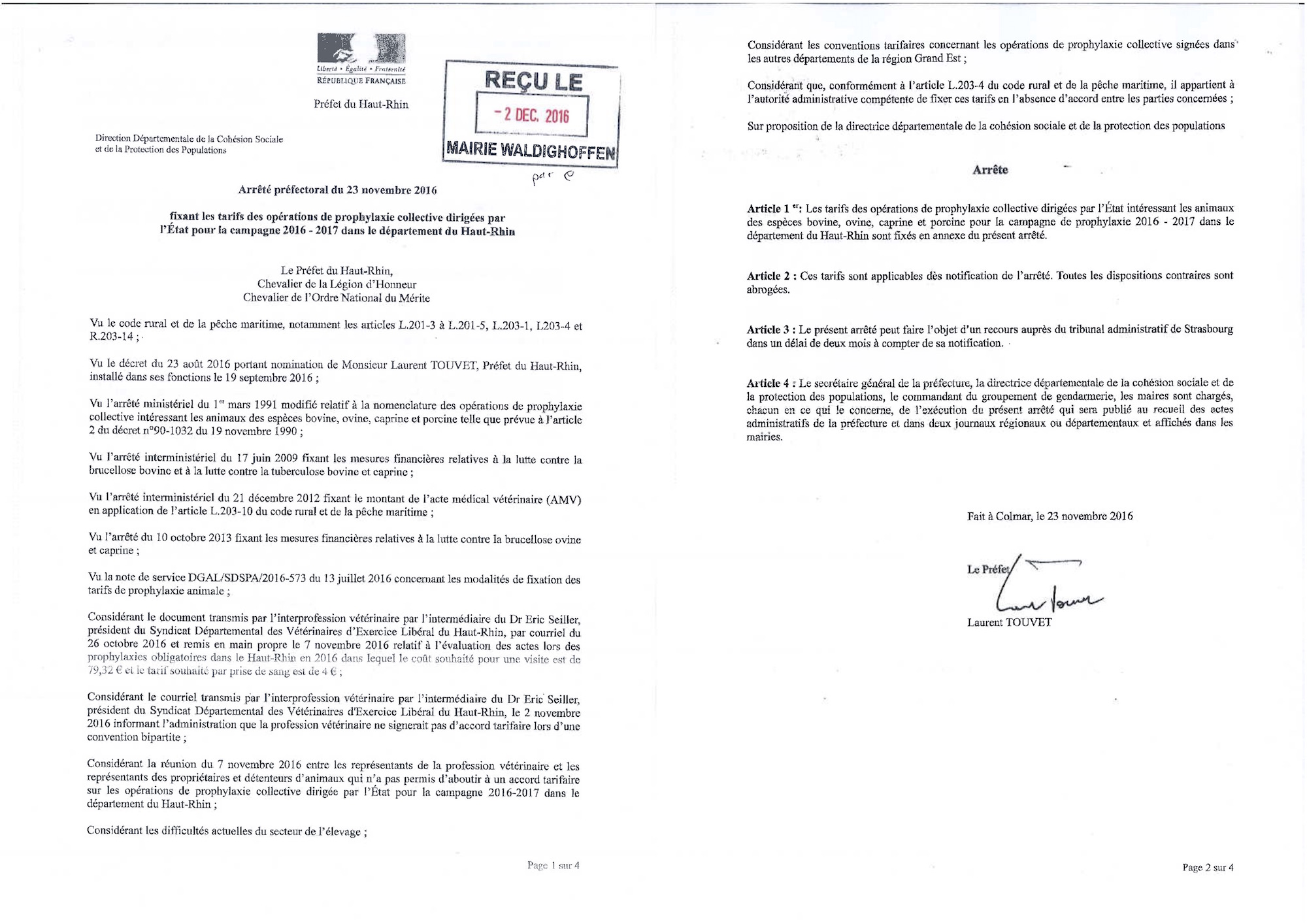  Arrêté prefectoral- tarif des opérations de prophylaxie 