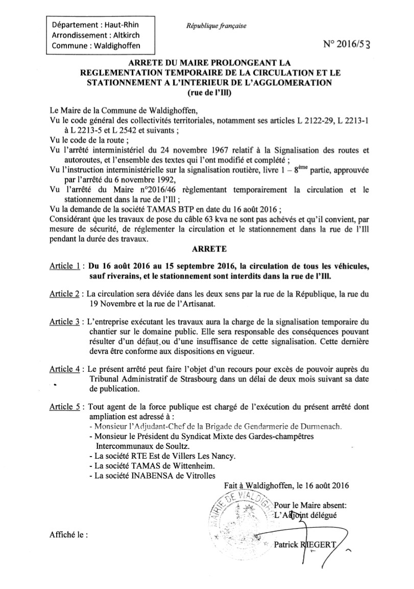 Arrêté prolongeant la règlementation de circulation et de stationnement rue de l'Ill