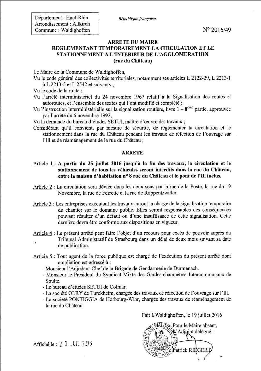 Arrêté règlementant la circulation et le stationnement - rue du chateau